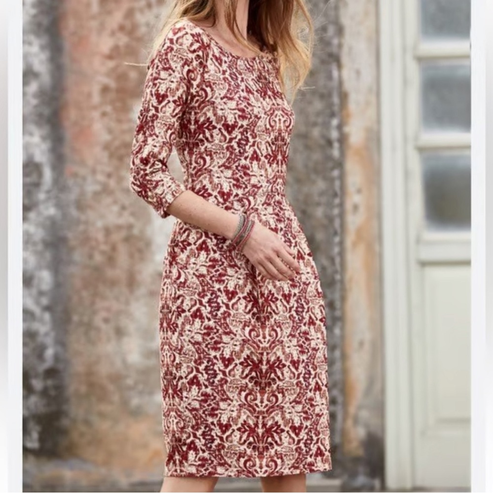 Peruvian Connection Sheath Dress Red Cream Baroque Print 3/4 Sleeve Pockets XL